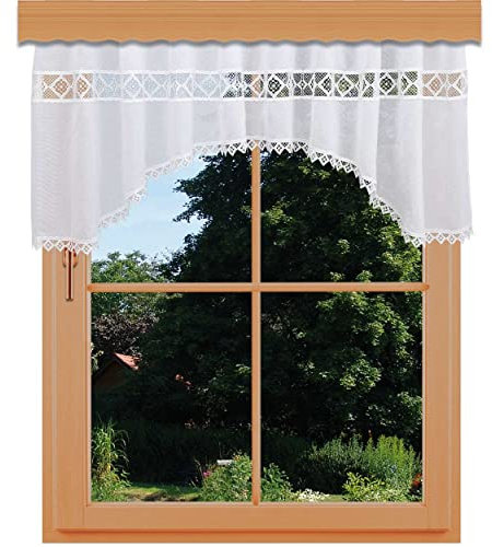 Querbehang Lavina Vogtländische Spitze mit Bogen in weiß | hochwertiger Dekobehang mit moderner Stickerei-Kante | zeitloser Bogenstore mit Reihband handgefertigt | Volant Höhe x Breite 50 x 150 cm