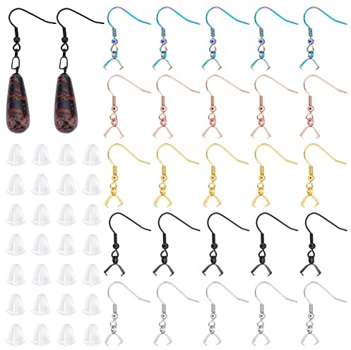 UNICRAFTALE Ungefähr 50 Stück 5 Farben 304 Edelstahl Ohrringhaken Mit Anhänger Klemmbügeln Hypoallergene Ohrdraht Fischhaken Mit 50 Stück Kunststoff Ohrmuttern Für Die DIY Ohrring Schmuckherstellung