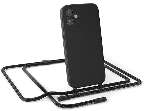 EAZY CASE - Handykette kompatibel mit iPhone 12 Mini - dünne Handyhülle Hülle mit Band als Fallschutz Kette zum Umhängen stoßeste Hülle Silikon mit Mikrofaser in Schwarz