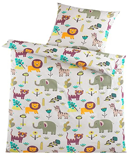 KH-Haushaltshandel Kinder Jugend Motiv Bettwäsche, 135 x 200 + 80x80 cm, Microfaser, weiß-bunt, Afrika Safari Tiere (W414650)