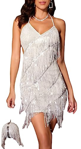 MOFLORA Mini abito sexy da donna, con scollo a V, spalline sottili, frange, aderente, con paillettes, abito da cocktail, ballo latino, sala da ballo, club, feste, vestiti con nappe, Z-bianco
