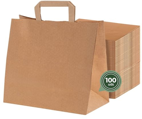 MAXI PRODUCTS - 100 Bolsas Papel Kraft con Asa Plana - 40 x 12 x 32 cm - Bolsas Regalo - Bolsitas Regalo Personalizables - Eventos y Hotelería - Comunión, Cumpleaños, Bodas - PERSONALIZABLES