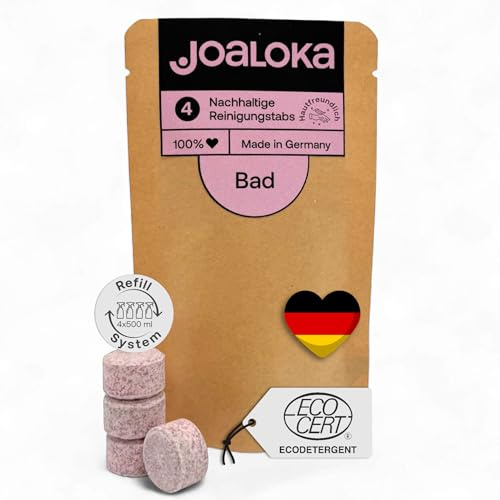 Joaloka Badreiniger-Tabs, 4 Tabs für je 500 ml - stark gegen Kalk, vegan & mikroplastikfrei, für Fliesen, Keramik & Armaturen, ökologisch & kinderfreundlich im Haushalt, Made in Germany