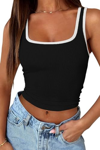 FOFAINWE Quadratischer Hals Tank Top Frauen - Gerippte Sommer Crop Tops Ärmellos Niedlich Ausgehen Camis (Schwarz+Weiß,S)