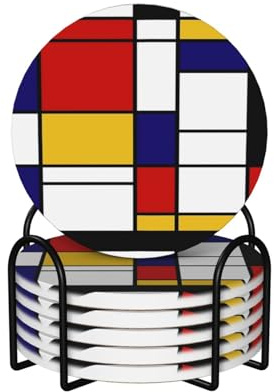 Untersetzer, Keramik-Untersetzer mit Halter, Getränkeuntersetzer, Tassenunterlage, 6er-Set,Künstlerische Mondrian Stil Farbkomposition Rot