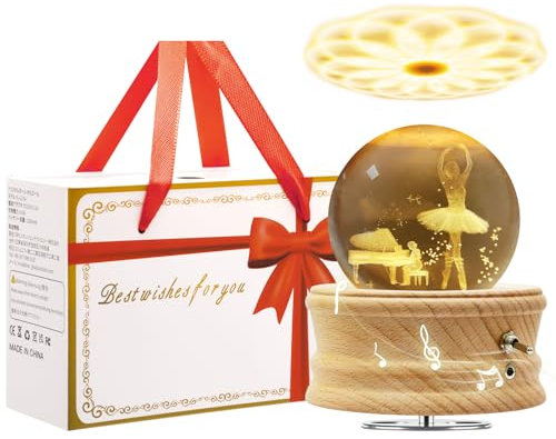 Spieluhr Kristallkugel mit Licht, 3D Spieluhren 360°Drehbar Holzsockel,Musical Box für Kinder/Erwachsene/Mama/Muttertags/Geburtstag/Weihnachten Gedenkgeschenke (Ballett Mädchen)