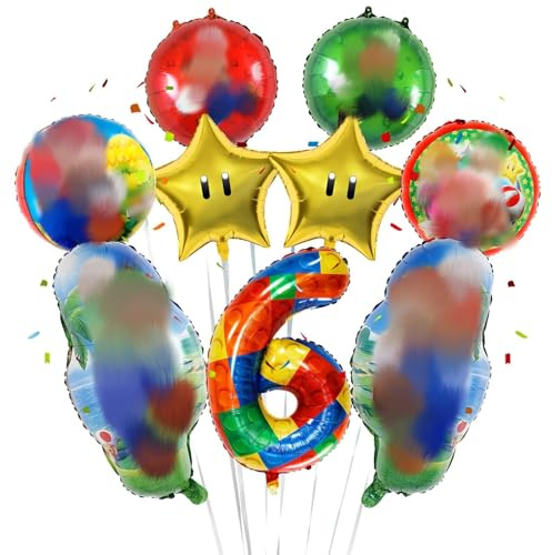 Super Foil Balloons Bros Happy Birthday Party Decorations - 9Pcs Colorful Helium Balloons for 6th Birthday, Girls Boys, Kids Baby Shower, Christmas Theme Party Supplies