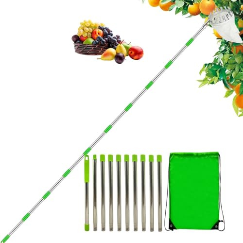 Teleskopische Obstpflücke, 4 m, abnehmbarer Obstpflücker, verstellbar, Edelstahl, Apfelsammeln, mit verstellbarem Pfosten, leicht, Aufbewahrungstasche für Obst, Werkzeug für den Garten