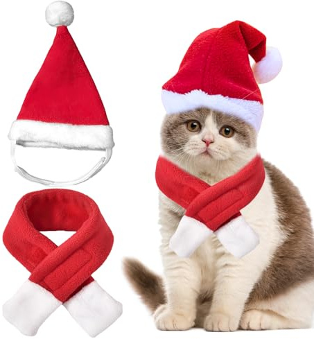 Katzen Weihnachtsmütze Und Schal, Katzen Mütze Deko Weihnachts Outfit, Weihnachten Kleidung Für Klein Katze, Weihnachtsmann-Mütze, Schal, Weihnachtskostüm Für Katze,Katzenbekleidung