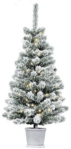 HOMCOM Künstlicher Weihnachtsbaum 90 cm künstlich Tannenbaum mit LED Beleuchtung, Schnee, 116 Spitzen Christbaum in Topf, Weihnachtsdeko für drinnen