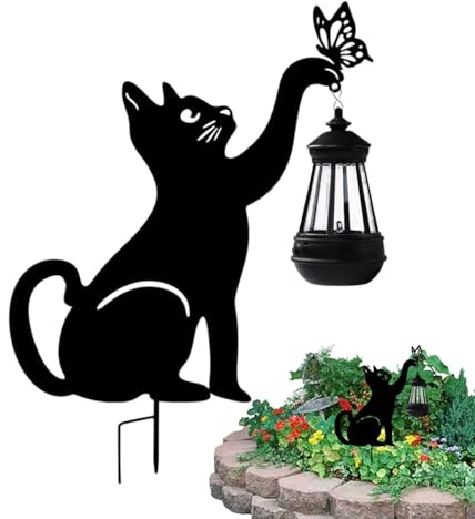 Piquet d'extérieur pour chat avec lumière | Lampe solaire de jardin en métal – Lampe solaire d'extérieur en forme de chat mignon, convient pour la décoration de jardin, veilleuse, éclairage de cour