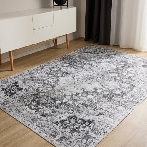 benuta Basic Waschbarer Teppich George - Anthrazit 160x230 cm - Kunstfaser - Rechteckig & im Style: Vintage, Elegant, Retro - Pflegeleicht für Wohnzimmer Schlafzimmer