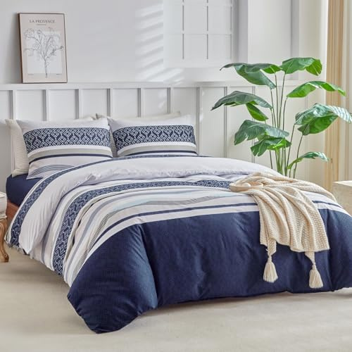 Tokokimo Doppel-Bettbezug-Set 260 x 240 cm, 3-teiliges Mikrofaser-Bettbezug-Set mit Boho-Muster, enthält 1 Bettbezug 260 x 240 cm und 2 Kissenbezüge 50 x 80 cm, Blau