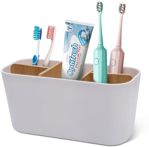 Votoko Kunststoff Zahnbürstenhalter, Toothbrush Holder mit Bambus Trennwände, Zahnbürstenständer mit 4 Zahnbürstenfächer +1 Zahnpastafach, Elektrische Zahnbürste Organizer für Bad Büro Familie, Weiß