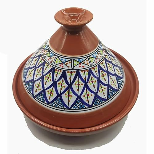 Tajine Pentola in Terracotta Decorata, Piatto Etnico Marocchino Tunisino, Diametro 32 cm