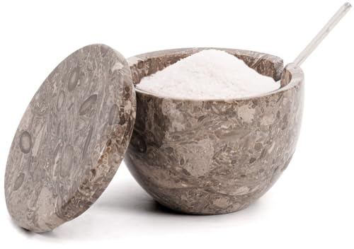 Marmorsalt med lock och sked, 7,6 x 10,2 cm, kryddburk för köksbänkskivan, sockerbehållare