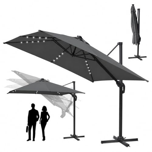 ISOISL Sonnenschirm Solar LED Ampelschirm 300 x 300 cm Gartenschirm mit Kurbe 360° Drehbar und Kippbar,Terrassenschirm Sonnenschutz UV50+ Aluminium Marktschirm für Garten,Terrasse,Anthrazit