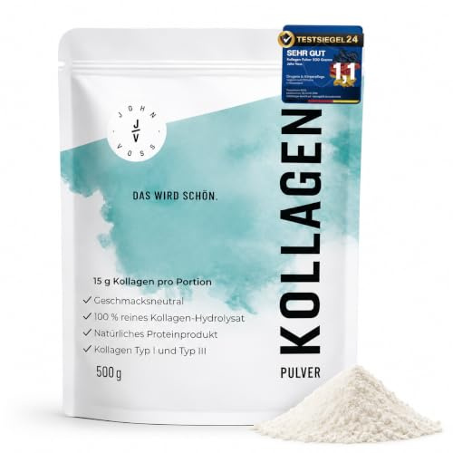 JOHN VOSS Kollagen Pulver 500g - Collagen Peptide Typ 1 & 3-100% Kollagenhydrolysat vom Rind - Geschmacksneutral - Hohe Bioverfügbarkeit - Leicht löslich - 100% Rein & Laborgeprüft | 100% Kollagenhydrolysat, laborgeprüft & geschmacksneutral - leicht löslich, hohe Bioverfügbarkeit - 33 Portionen à 15g