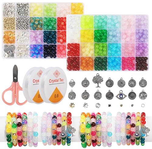 Perlen für Armbänder 40 Farben Glasperlen 1100 Stück 8mm Bunte Glasperlen zum Basteln, Armbänder Selber Machen mit Perlen, Runde Edelsteine Perlen, DIY Bracelet Making Basteln für Erwachsene Kinder