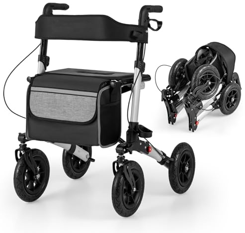 RELAX4LIFE Rollator Faltbar und Leicht mit Sitz, Aluminium Rollstuhl Reiserollator, Gehwagen 7-fach Höhenverstellbar, Laufhilfe mit Stockhalter Tasche, Gehhilfe mit 23cm Reifen für All Gelände