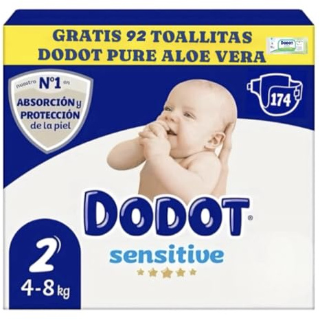 Dodot Sensitive Pañales, Talla 2 (4-8 kg), 174 Unidades, Barrera Stop Fugas, Ultra Suave+regalo 92 toallitas Dodot Pure Aloe Vera