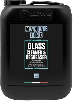 Mafra - Maniac Car Detailing Line, Formato 5L, Glass Cleaner & Degreaser, Detergente Pulitore Sgrassatore Vetri Cristalli Auto, Senza Ammoniaca, Elimina Calcare, Macchie Oleose, Non Lascia Aloni
