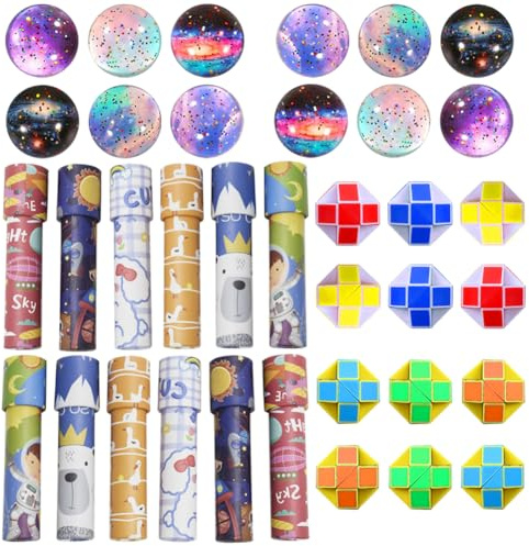Bomboniere per Feste di Compleanno per Bambini, 36 pezzi Set, Caleidoscopi per Bambini, Mini Cubi Serpenti Colorati, Palline Rimbalzanti a Tema Spaziale, Regali per Natale, Premi per la Scuola e Feste