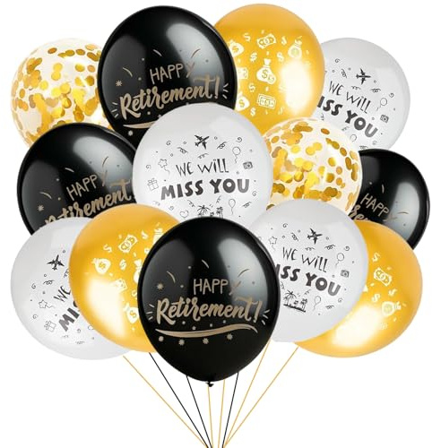20 Stück Happy Retirement Luftballons，Schwarz Gold Weiß,We Will Miss You Rente Deko Ballon,Gilt für Renteneintritt Geschenk Männer und Renteneintritt Geschenk Frau