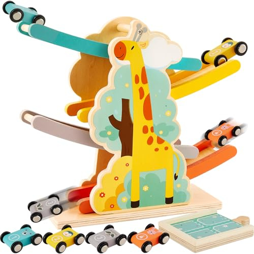 HERSITY Pista per Auto in Legno con 4 Mini Auto Giocattolo, Giochi in Legno per Bambini ha Motivi di Animali, Regalo di Rampa Macchinine per Bambini Bambina 3 4 5 Anni