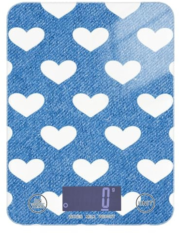 Bilancia da cucina per alimenti, facile da pulire, 5 kg/5 g, a forma di cuore, blu e bianco, con 4 unità per cuocere il sapone (batterie non incluse) pesa para comida