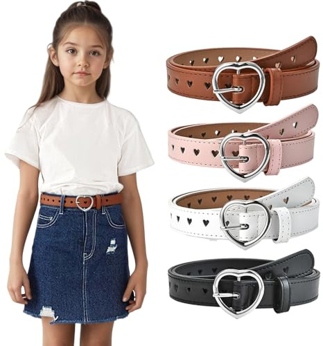 XFSRG Cintura bambina con fibbia a cuore traforata regolabile accessori moda bambina set cinture decorative per jeans outfit quotidiani cintura elegante per ragazze