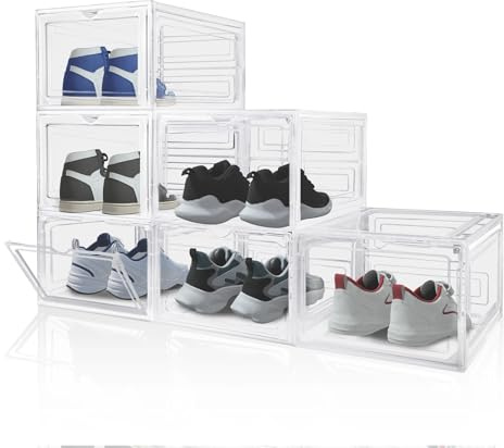 6 Pack Transparent Shoe Storage Boxes Hard Plastic Stackable Shoe Box Organiser Shoe Storage Boxes Large Box Transparent Clear Plastic Stackable Lids (6pcs)