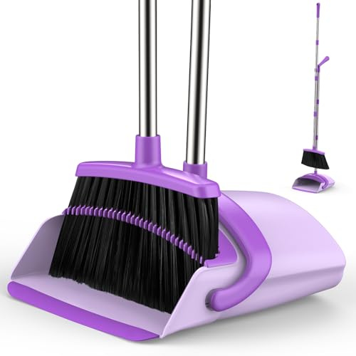 EZKEY Broom and Dustpan Set for Home, 51-in Long Adjustable Handle Angle Broom and Dustpan Combo Set with Dust Pan Teeth to Clean Hair for Home Kitchen Office Lobby Floor Garden, Purple