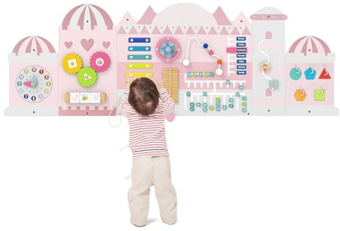 COSTWAY Pannelli da Parete con attività, Busy Board 11 in 1 Montessori in Legno per Sviluppo Sensoriale, Centro di attività Educativo Montato a Parete per Stanza Giochi, Asilo Nido (Castello)