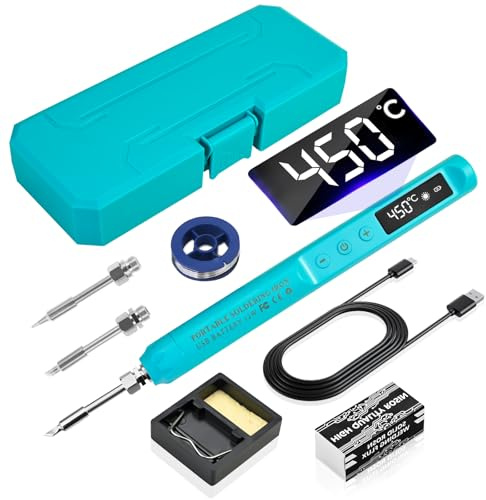 Cordless Soldering Iron Kit with LCD Display - Rechargeable USB C Soldering Iron with 3 Tips Adjustable Temperature 200°C - 450°C, Electric Portable Soldering Irons Pen Welding Kit (Blue)