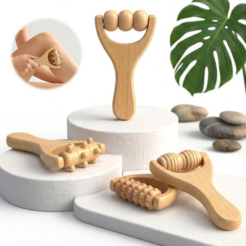 Katyjun Massageroller Beine 4 teilig Für Yoga Fitness Laufen Muskelentspannung Faszienstab Holz Ganzkörper Massage Faszienrolle Holz zur Entspannung Hochwertige Verarbeitung