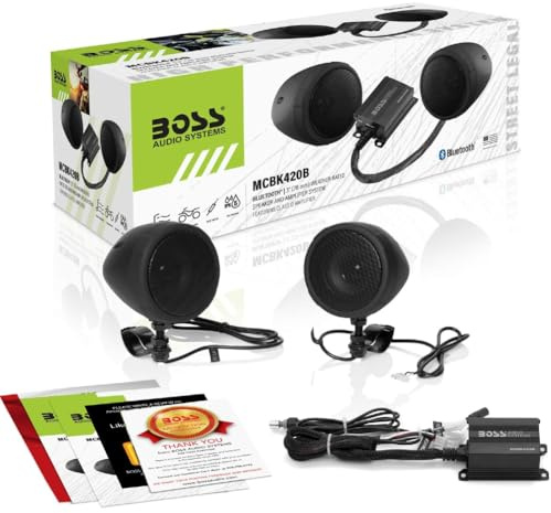 Kit Set para Boss Audio Systems MCBK420B, con Amplificador de Rango Completo Clase D y Dos Altavoces Negros de 3, para Motocicletas, Resistente a la Intemperie, 1 Kit