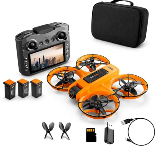 Drohne mit Kamera & Display Fernbedienung, Brushless Motor, Dual Kamera 90° verstellbar, FPV Live-Übertragung, Optical Flow, 360° Flip, LED, Anfänger & Kinder geeignet (Orange, Akkus: 3 St.)