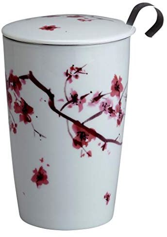 Eigenart Teaeve Cherry Blossom doppelwandiger Becher aus Porzellan mit Deckel und Edelstahlsieb, BPA frei, 350ml, 80007