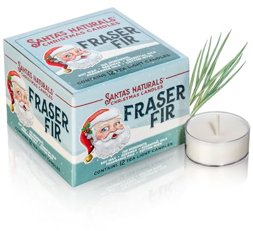 Santa's Naturals Fraser Fir Christmas Tea Light Candles for Holidays & Gifts, Fresh Cut Tree Scent, Soy & Beeswax Blend, 4-Hour Burn Each, 12-Pack