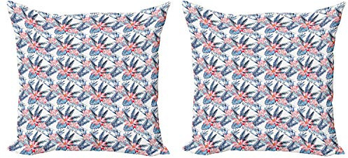 Ambesonne Tropical Decorative Throw Pillow Case Pack of 2, Leaves of Banana Palm and Lilies Hawaii Brazil Botanical Watercolor Art, Couch Bedroom Living Room Cushion Cover, 16, Coral Orange and Blue
