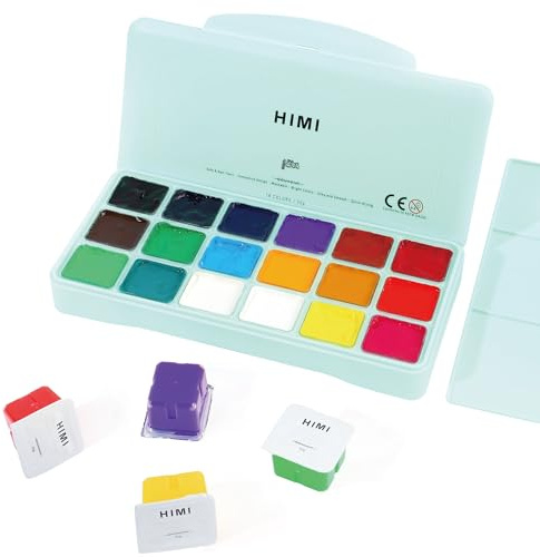 HIMI Gouache Set 18 Colori x 30 ml Kit di Pittura a Guazzo Non Tossici Unico di Tazza di Gelatina Portatile Colori Gouache con Tavolozza per Artisti Studente