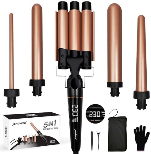 10-32mm Lockenstab 5 in 1 für Große und kleine locken, Turmalin keramik 25mm Welleneisen für Lange haare, 80-230°C Einstellbare Lockenstab 3 fässer set mit handschuh, clips, nylontasche (Bronze)
