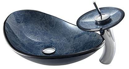 Ksunun Waschbecken Meer Blau Gehärtetes Glas Aufsatzwaschbecken Oval Design Handwaschbecken mit Messing Wasserfall Wasserhahn und Wasserablauf, Montagering, Aufsatz Waschschale für Bad