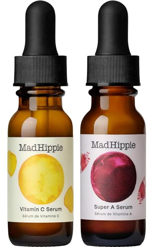 Mad Hippie Travel Face Serum Set – Skin-Brightening Vitamin C + Firming Super A Retinol, Day & Night Dual Pack, 0.5 Oz Ea
