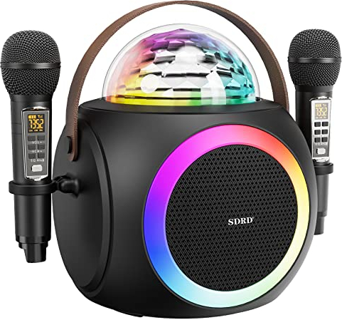 Karaoke Machine for Adults and Kids, Portable Bluetooth speaker with 2 UHF Wireless Microphones PA system with Disco Ball, LED Lights, for Home Party, Wedding,Church,Picnic, Outdoor/Indoor