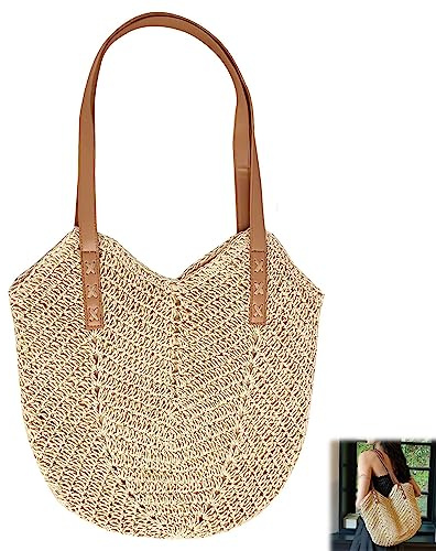 Borsa da Spiaggia Boho in Paglia Intrecciata, Borsa a Tracolla per Donna con Cerniera, Ideale per Vacanze al Mare (Beige)