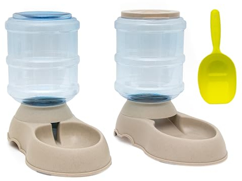 Intirilife Futterspender und Wasserspender aus Kunststoff in Grau mit Schaufel - 2X 3.6 L Füllmenge - 32 x 18 x 30 cm Groß - Automatischer Trockenfutter Spender für Katzen und Hunde Futterstation