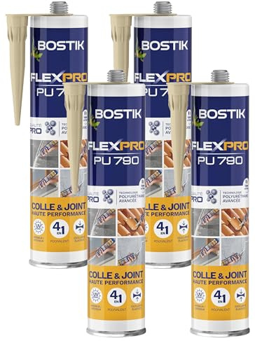 Bostik Mastic Colle & Joint Polyuréthane Premium P790 Beige, Multi-Usages, Intérieur et Extérieur, Cartouche de 300 ml (Lot de 4)