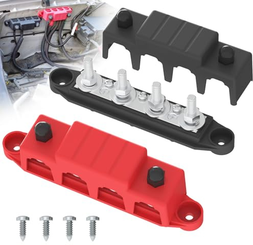 Blocco di distribuzione di potenza 250A 12V con morsettiera a 4 poli da 5/16 (M8) con coperchio per sistemi automobilistici, marini, batterie (nero e rosso)